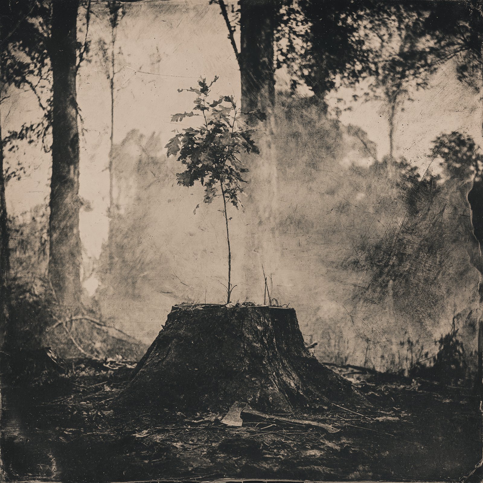 A tree stump with a young sapling growing from it in a misty forest