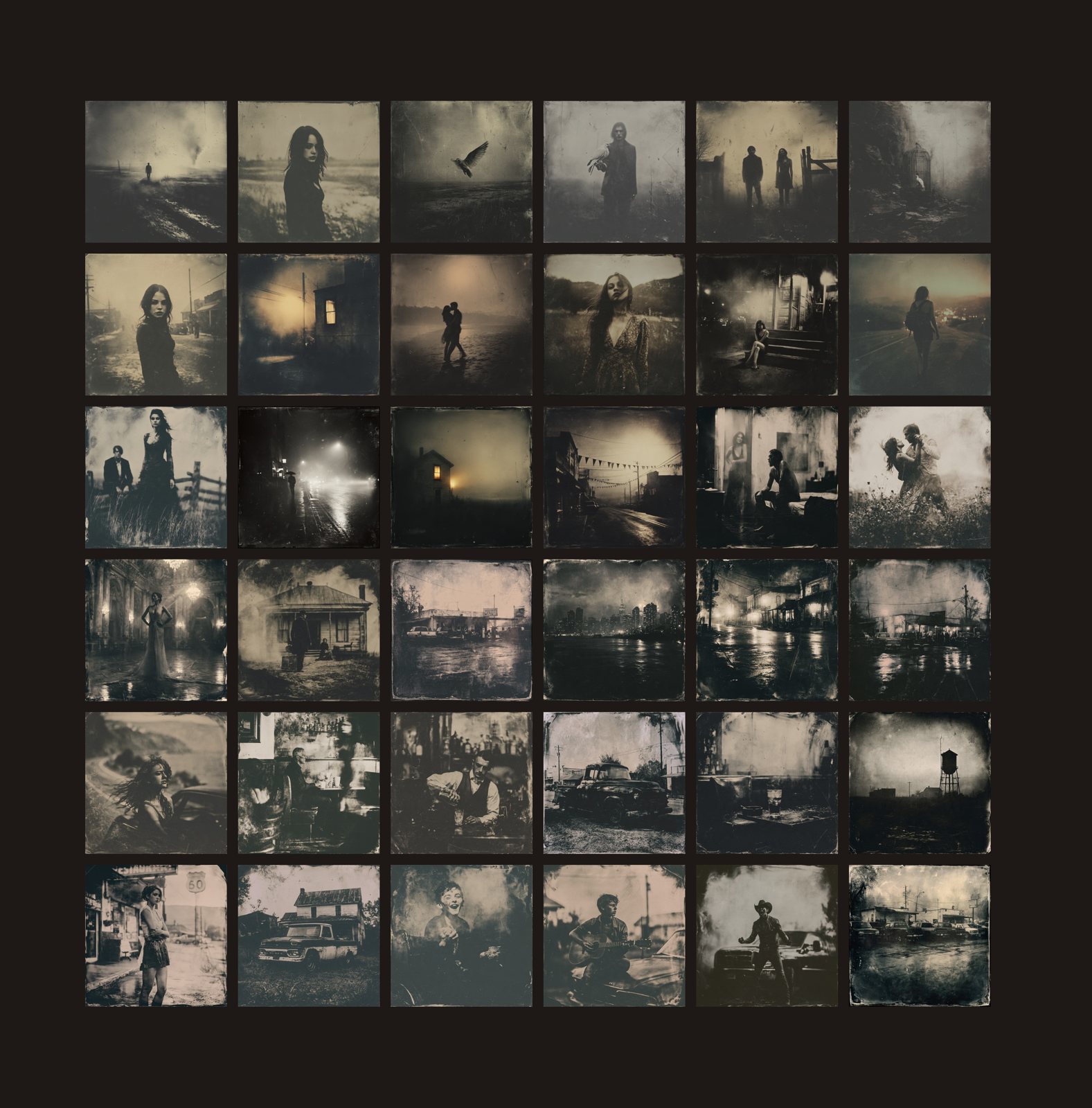 Contact grid of thirty-six wet plate style photographs from the book