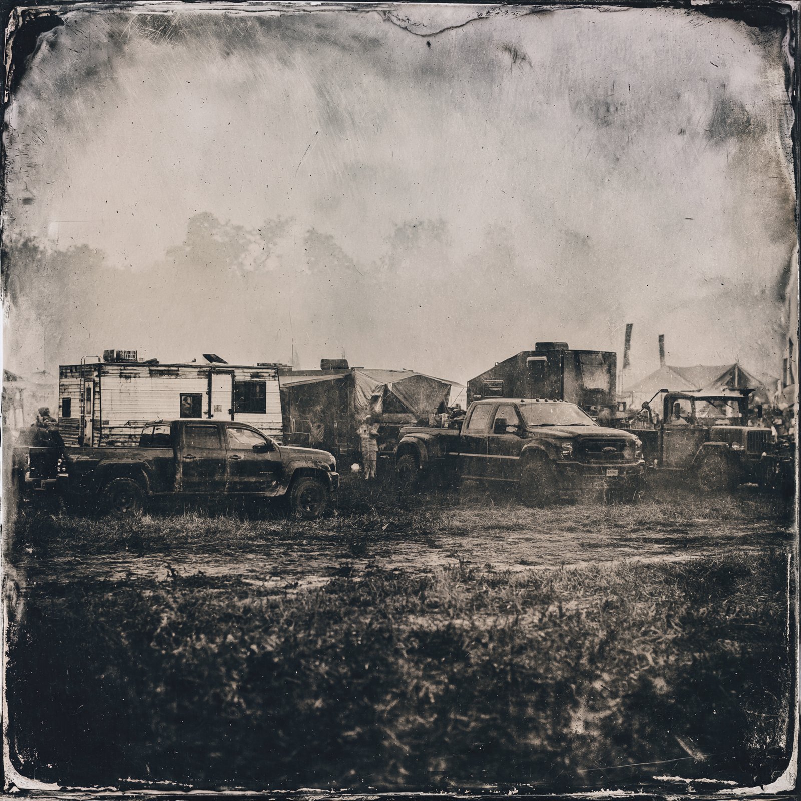 Trucks and campers parked in a field