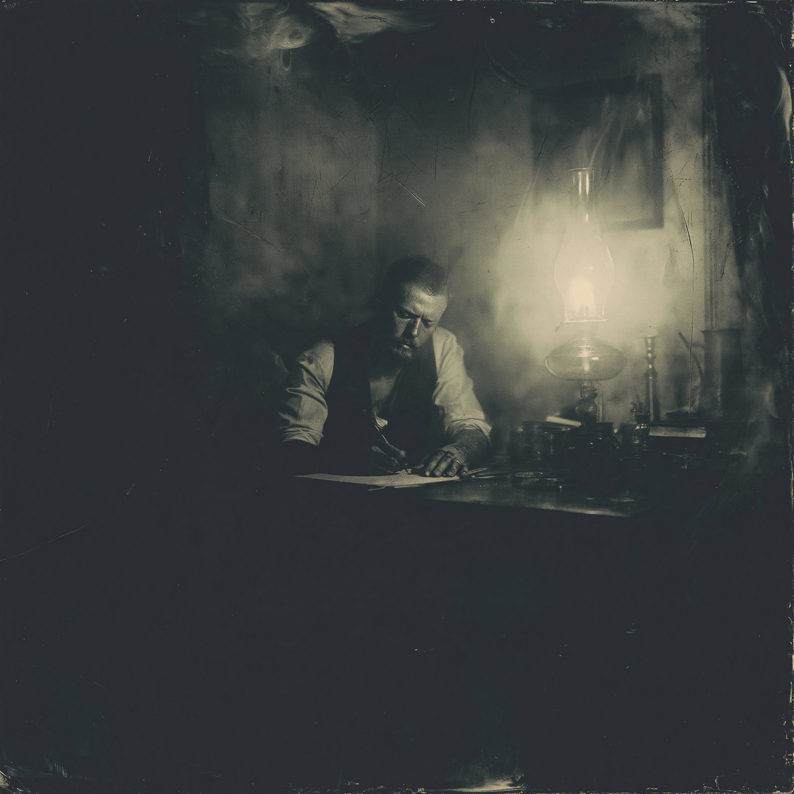 A man writing by the light of an oil lamp