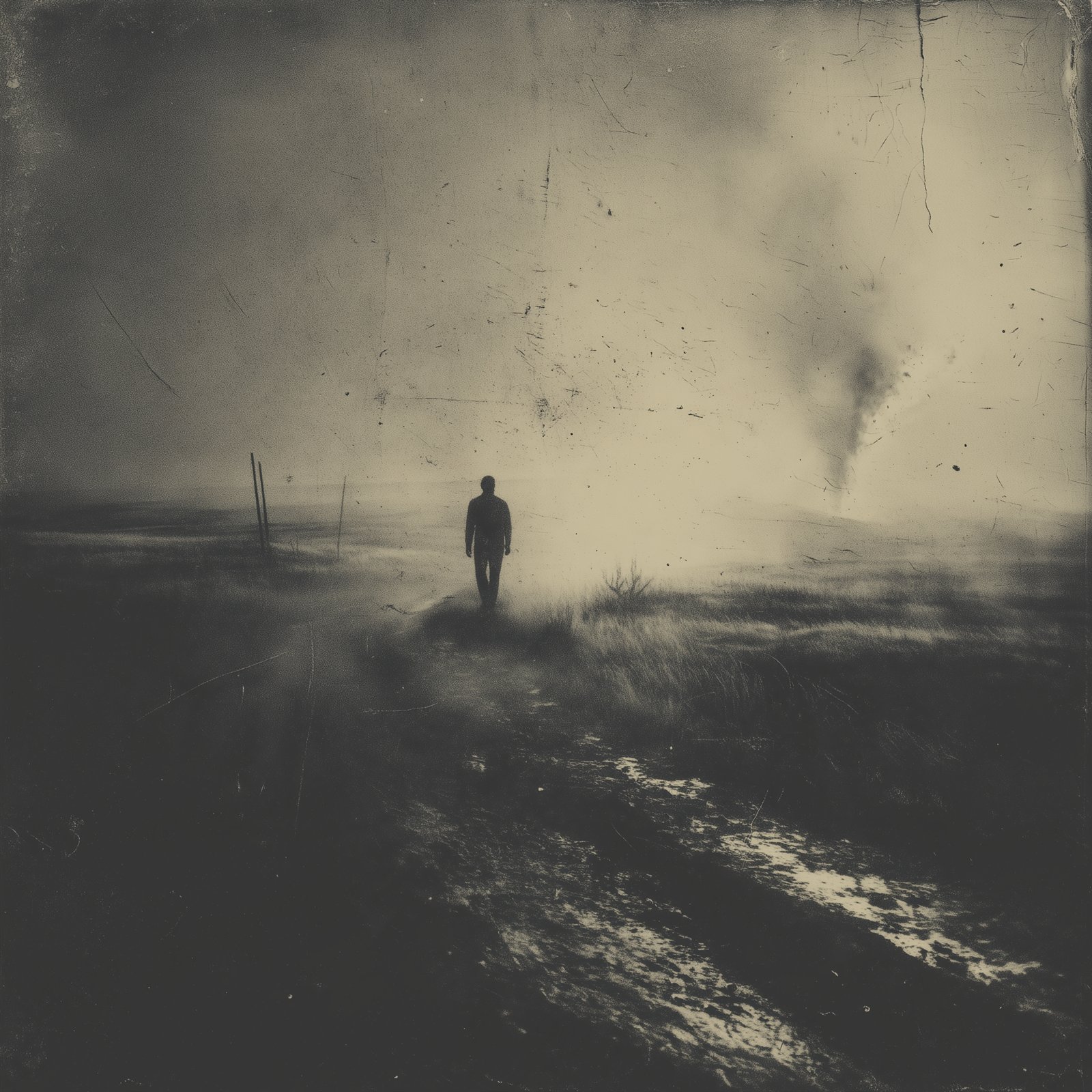 A lone figure on a misty prairie road