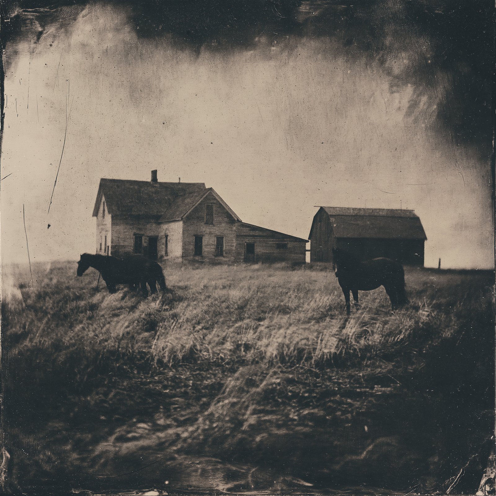 A farmhouse and barn with horses grazing in a prairie field