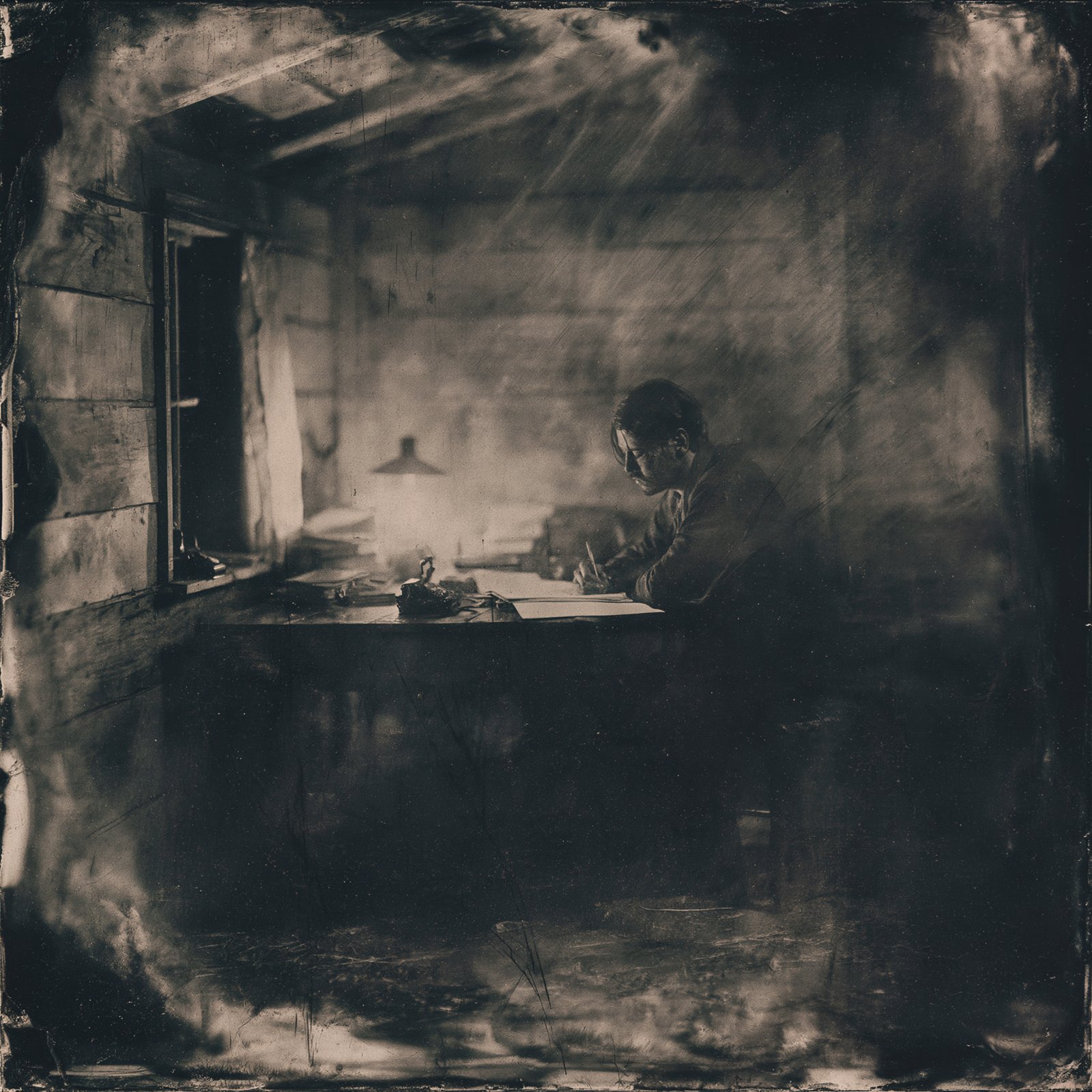 A man at a desk by lamplight in a bare room