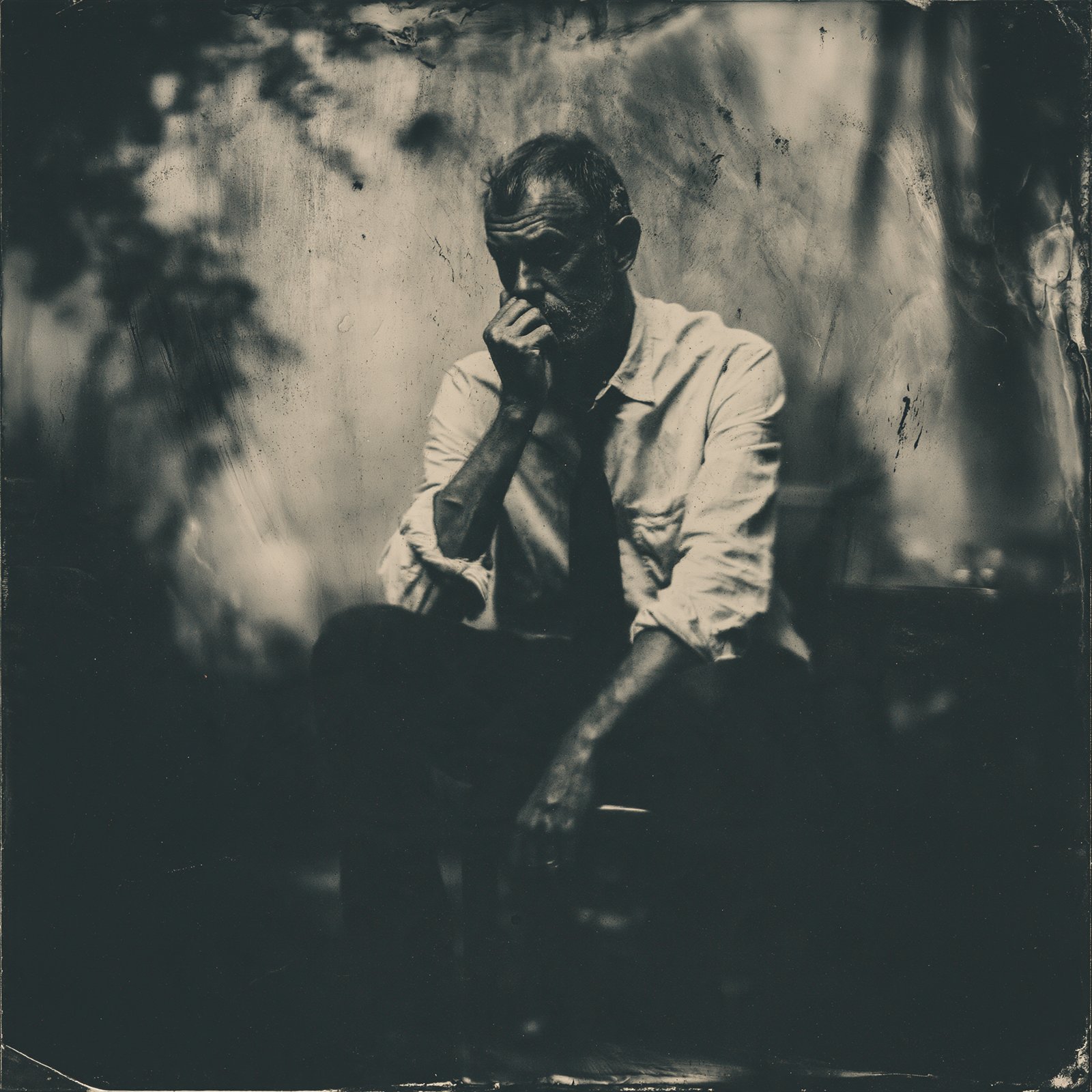 A man seated in shadow with his hand to his face