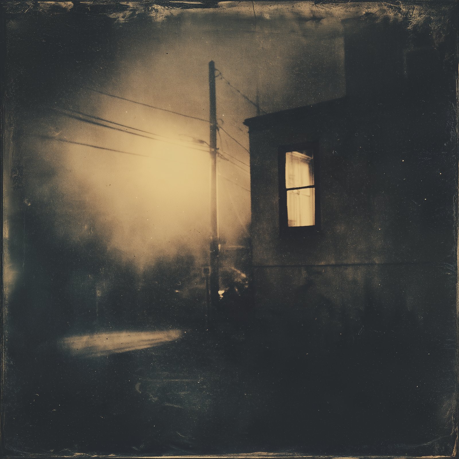 A lit window in a small house at night, beside a power pole